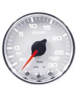 2-1/16" BOOST/VACUUM, 30 IN HG/30 PSI, STEPPER MOTOR, SPEK-PRO, WHITE DIAL, CHROME BEZEL, CLEAR LENS