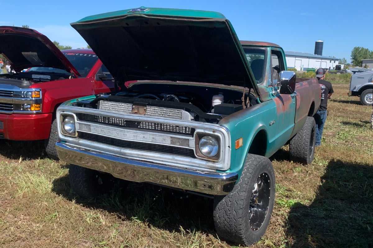 Chevy truck with hood open
